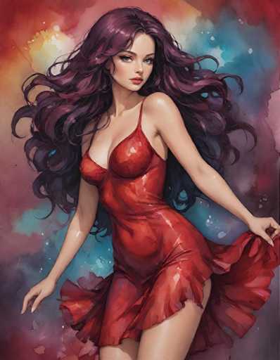 A woman with long dark hair is standing against a colorful background that includes shades of red and blue. She is wearing a red dress that flows down to her knees, and the dress appears to be made of shiny material. The woman's pose suggests she might be dancing or moving in some way.