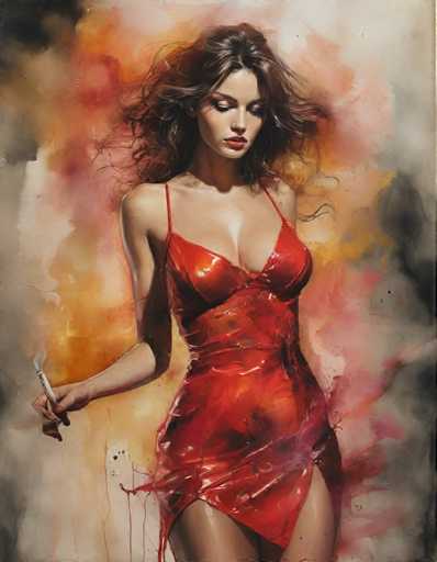 The image depicts a woman wearing a red dress with a plunging neckline and skirt. She is holding a cigarette in her hand. The background features an abstract pattern of orange and black colors.