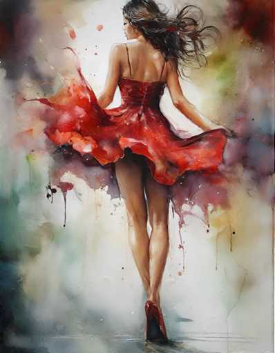 The image depicts a woman wearing a red dress with her hair flowing freely as she dances. The background is a gradient of colors transitioning from blue at the top to green at the bottom, creating an abstract and dreamy atmosphere. The painting style is loose and impressionistic, focusing on capturing the essence of movement rather than minute details.