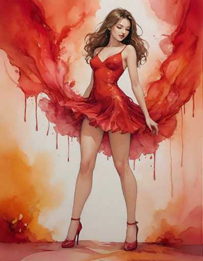 A woman is captured mid-dance pose against a backdrop of red and orange hues. She's wearing a vibrant red dress that flows around her as she moves. The background features splashes of red paint in various sizes, creating an abstract pattern that adds depth to the image.