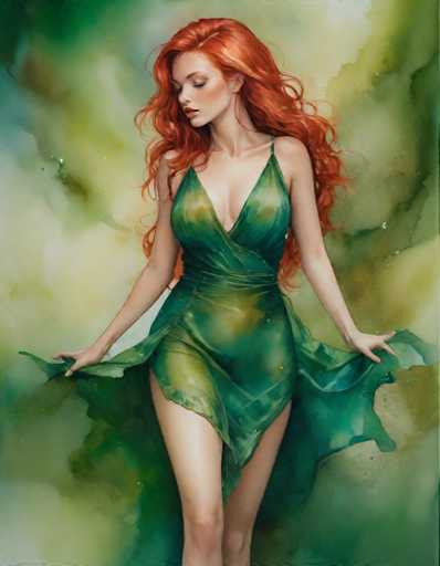 A woman with red hair is standing against a green background that appears to be watercolor or oil painting style. She is wearing a green dress and her hair is styled in loose waves. The woman's pose suggests she might be posing for the photo.