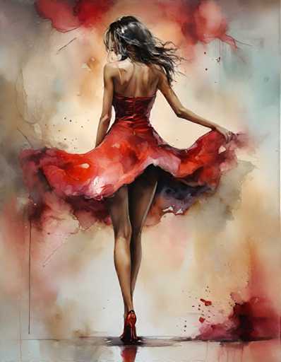 The image depicts a woman wearing a red dress with her hair flowing down and holding the skirt of the dress up with one hand while the other hand is raised. The background features splatters of paint in various colors, creating an abstract and colorful atmosphere that complements the woman's attire.