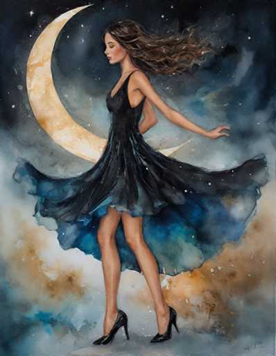 The image depicts a woman wearing a black dress with blue accents and high heels, standing on the right side of the frame against a backdrop of a crescent moon and stars.