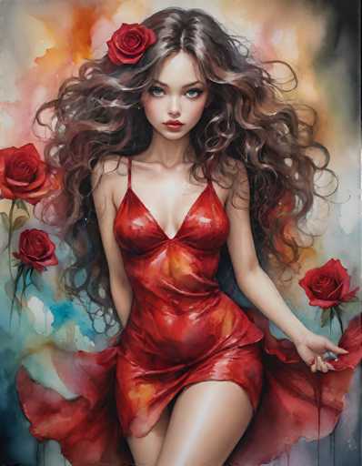 The image depicts a woman with long brown hair wearing a red dress and holding a rose. The background is filled with roses of various colors, creating a vibrant and colorful scene.