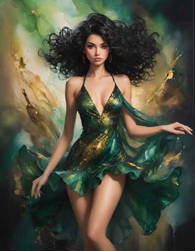 A woman with long black hair is the central figure in a vibrant green dress that flows down to her feet. The dress features gold accents and a halter neckline, adding an elegant touch to her appearance. She stands against a backdrop of a dark green color, which contrasts beautifully with her dress. Her pose suggests she might be dancing or moving gracefully.