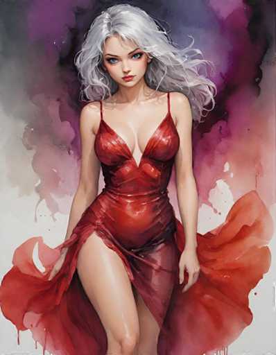 The image depicts a woman with blonde hair wearing a red dress and high heels. She is standing against a purple background that has splotches of white and pink paint on it. The painting style is realistic, focusing on the details of the woman's appearance and surroundings.