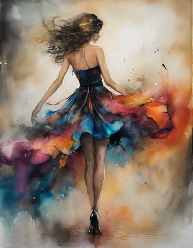 The image depicts a woman wearing a colorful dress with a long train and high heels. The background is a gradient of colors that blend into each other, creating an abstract effect. The painting style is loose and fluid, with the artist's hand visible in the brushstrokes.