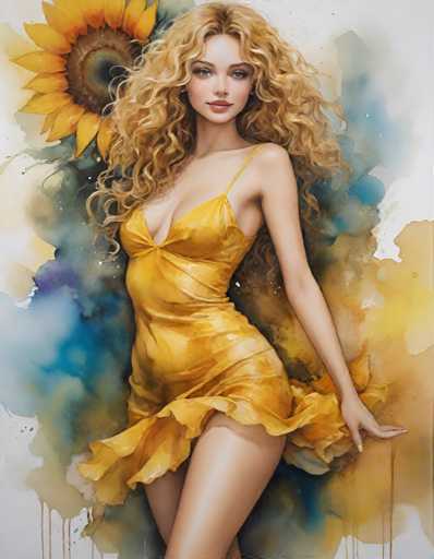 A woman with blonde hair is standing against a white background and wearing a yellow dress that has a ruffled skirt. The painting features a large sunflower as the central focus, surrounded by blue and purple hues.