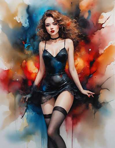 The image depicts a woman wearing a black dress and stockings with red lipstick standing against a backdrop of vibrant orange and blue splatters. The woman is positioned on the left side of the frame, facing towards the right.