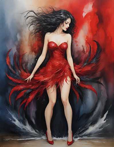 The image depicts a woman wearing a red dress with long feathers on her legs and arms, standing against a backdrop of red and black hues. The woman is positioned centrally within the frame, facing towards the right side of the image.