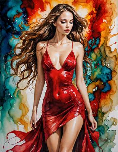 The image depicts a woman wearing a red dress with long hair and her arms outstretched as she walks past an abstract painting that is predominantly blue, green, and orange colors.