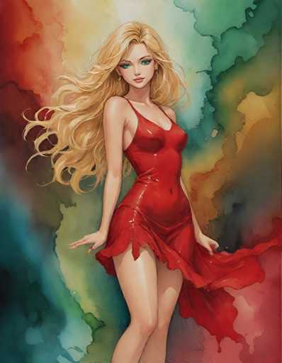 The image depicts a woman with blonde hair wearing a red dress and standing against a colorful abstract background. The colors of the background include shades of green, blue, yellow, and pink.