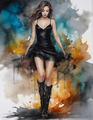 The image depicts a woman wearing a black dress and boots with her hair flowing down her back as she walks on the left side of the frame. The background is a gradient of blue and orange colors, creating an abstract painting-like effect that adds depth to the scene.