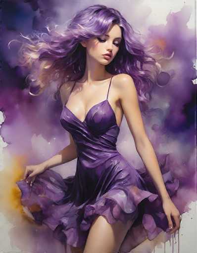 The image depicts a woman with long purple hair wearing a purple dress and holding a purple flower. The background is a gradient of purple and white colors, creating an ethereal atmosphere around the woman.