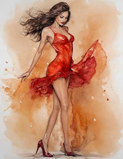 The image depicts a woman wearing a red dress with her hair flowing down and holding the skirt of the dress up with one hand while the other hand is raised. She is standing on a white background that has splotches of orange paint scattered around it. The painting style is realistic, focusing on capturing the details of the woman's attire and posture.