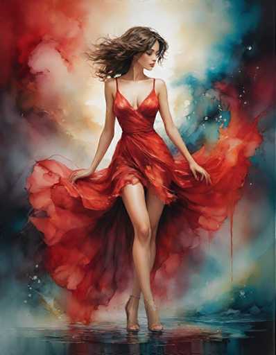 The image depicts a woman wearing a red dress with her hair flowing down and her legs crossed as she walks on the ground. The background is a gradient of blue and pink colors, creating an ethereal atmosphere around the woman.