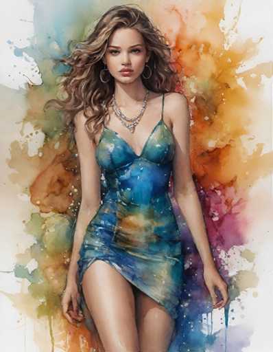 The image depicts a woman wearing a blue dress with a green and orange patterned skirt. She is standing against an abstract background of splashes of color, creating a vibrant and dynamic scene. The woman's pose suggests she is in motion or about to embark on an adventure.