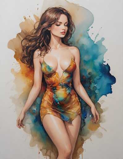 The image depicts a woman with long brown hair wearing an orange and yellow dress that is slightly torn at the bottom. The background features splashes of blue and green colors, creating a vibrant and dynamic atmosphere.