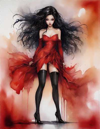 The image depicts a woman with long dark hair wearing a red dress and black stockings. She is standing on a white surface against an orange background that has splotches of red paint. The painting style is realistic, focusing on the details of the woman's attire and her surroundings.