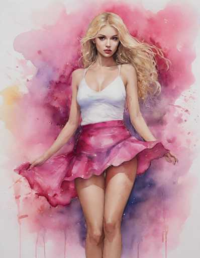 The image depicts a woman with blonde hair wearing a white tank top and a pink skirt. She is standing against a backdrop of pink and purple hues, suggesting an artistic or creative style. The painting appears to be done in watercolor, as indicated by the visible water droplets on the canvas.