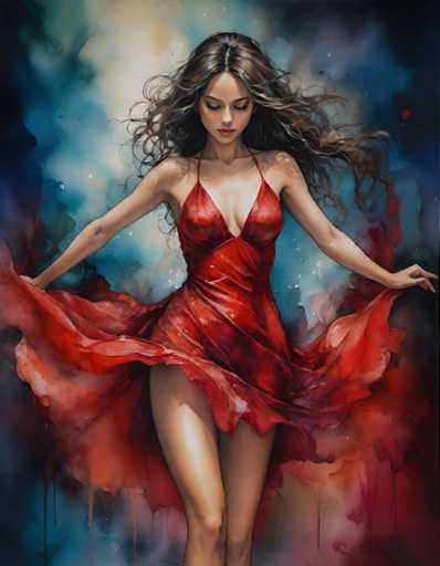 The image depicts a woman wearing a red dress with her hair styled in loose waves and her left hand resting on her hip while she stands against a backdrop of blue and purple hues. The painting style is realistic, capturing the intricate details of the woman's figure and the surrounding environment.