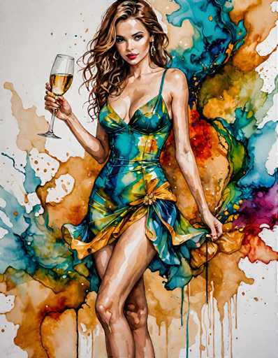 A woman is depicted wearing a blue and green dress with her hair styled in loose waves. She holds a glass of wine in her right hand while standing against a backdrop that features splashes of orange, yellow, and pink colors.