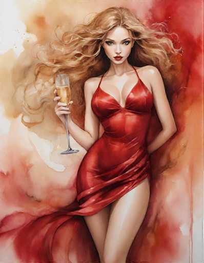 The image depicts a woman wearing a red dress with her hair styled in loose waves and holding a glass of champagne. The background is a gradient of orange and pink colors, creating an artistic and visually appealing scene.