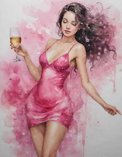 A woman is depicted wearing a pink dress and holding a glass of wine against a backdrop of pink and white watercolor splatters.