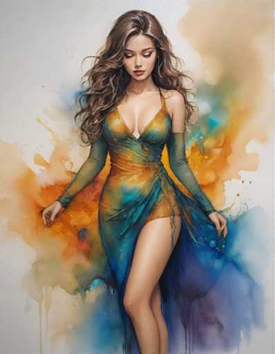 The image depicts a woman wearing a blue dress with orange and yellow accents. The background is a gradient of colors transitioning from white at the top to brown at the bottom. The woman's pose suggests she is in motion or about to move, as her left hand is raised while her right hand is tucked into her skirt.