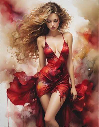 The image shows a woman with long blonde hair wearing a red dress that has a floral pattern on it. She is standing against a white background and her dress appears to be flowing, adding movement to the scene. The woman's pose suggests she might be dancing or engaged in some other activity.