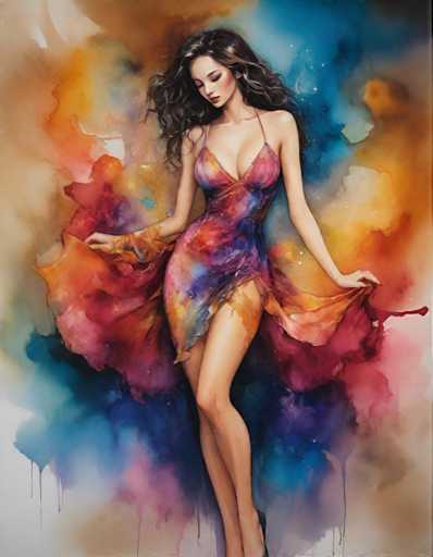 The image depicts a woman wearing a vibrant dress with a mix of red, orange, and blue colors. The dress has a halter neckline and is tied at the waist with a ribbon. The background features a gradient of colors transitioning from yellow to pink, creating an abstract and colorful atmosphere.