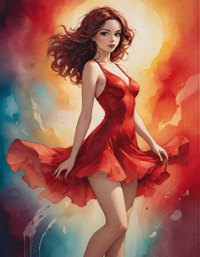 A woman with long red hair is the central figure in a vibrant painting. She's wearing a red dress that flows around her as she moves. The background of the image is a mix of orange and blue hues, creating an abstract backdrop for the woman.