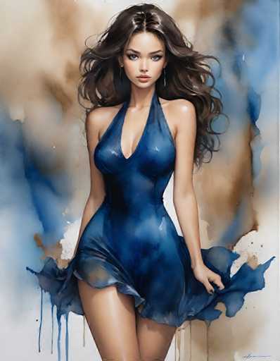 The image depicts a woman wearing a blue dress with a halter neckline and long sleeves. The background is a gradient of brown and white colors, creating an artistic and visually appealing effect. The woman's pose suggests she is in motion or about to move, adding dynamism to the scene.