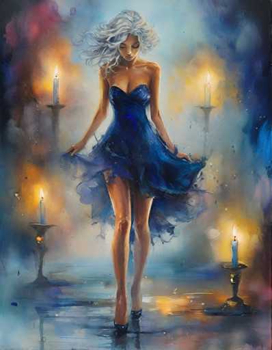 The image depicts a woman wearing a blue dress with her hair styled in loose waves and holding a lit candle in one hand while the other hand is raised in the air as she walks on a wet surface. The background features three candles of varying sizes and colors - yellow, white, and red.