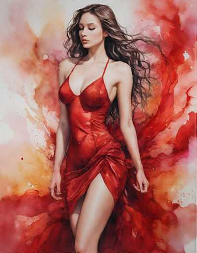 The image depicts a woman wearing a red dress with long hair flowing behind her as she walks. The background is a gradient of pink and orange colors, creating an abstract painting-like effect that adds depth to the scene.