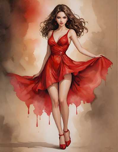 A woman is standing against a beige background with her hair flowing down and red dress catching the light. She has on red high heels that match her dress.