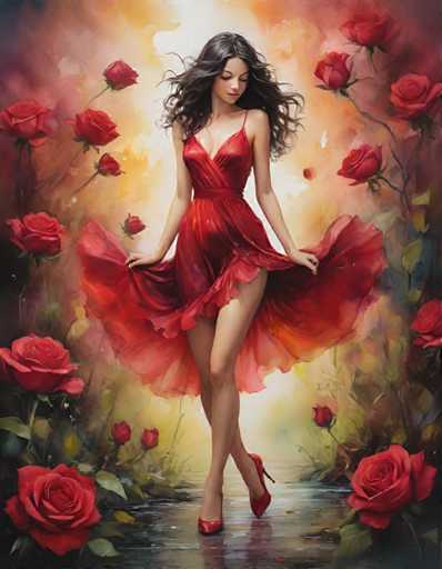 A woman is captured mid-stride on a path through a garden filled with red roses and other flowers. She wears a vibrant red dress that contrasts beautifully against the lush greenery surrounding her. The background features an array of red roses in various stages of bloom, creating a sense of depth and dimension to the scene.