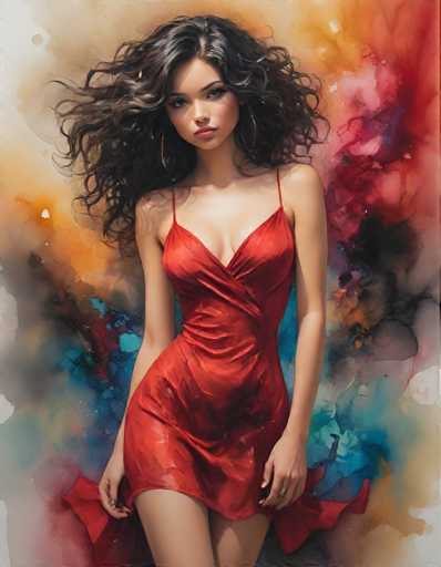 A woman with long dark hair is standing against a vibrant abstract background featuring splashes of red and blue hues. She is wearing a striking red dress that contrasts beautifully with the colorful backdrop. The woman's pose suggests she is posing for the photo, her body language relaxed yet confident.