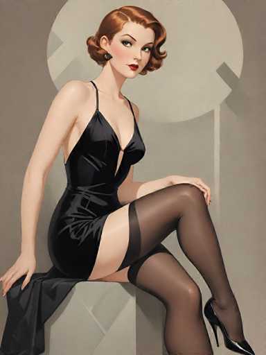 The image depicts a woman wearing a black dress and stockings with her legs crossed while sitting on a bench. The background is a light gray color, providing a neutral backdrop that allows the focus to remain on the woman's attire.