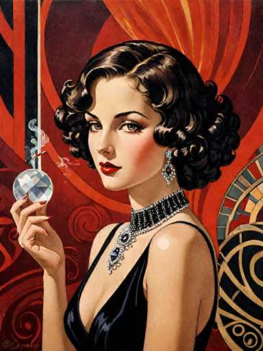 The image depicts a woman with curly hair wearing a black dress and holding a diamond in her hand. The background features an abstract design of red and gold colors, creating a sense of depth and complexity to the scene.