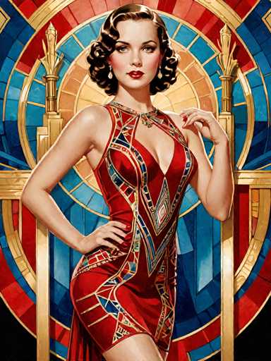 The image depicts a woman wearing an ornate red dress with blue and gold accents, standing against a backdrop of a stained glass window featuring a circular design. The woman is positioned on the left side of the frame, her hands resting on her hips as she gazes directly at the camera.