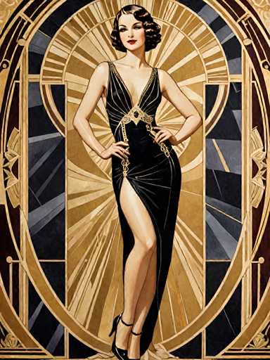 A woman is standing against a backdrop featuring a circular design with gold and black lines radiating outwards from the center. The woman is wearing a long black dress with gold accents and high heels.