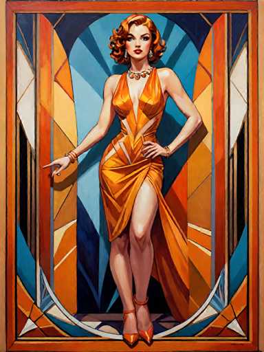 The image depicts an orange-haired woman wearing a long, flowing dress with a high neckline and a skirt that falls just below her knees. She is standing in front of a blue archway, which serves as the backdrop for the painting. The woman's pose suggests she is posing confidently or elegantly, depending on the viewer's perspective.