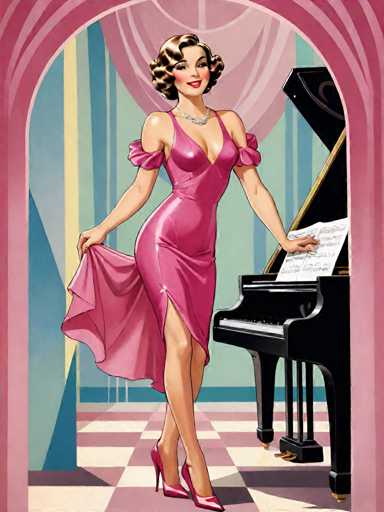 The image depicts a woman standing in front of an open black piano with gold accents and a pink curtain behind her. The woman is wearing a pink dress and high heels, suggesting she may be attending or performing at a formal event.