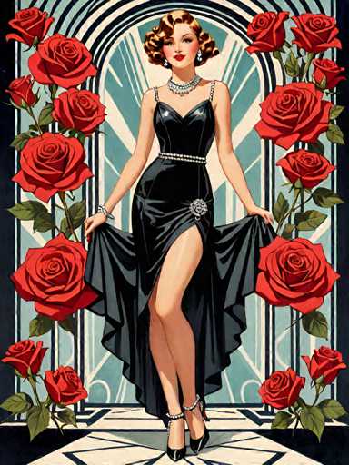 The image depicts a woman wearing a black dress with a high slit and pearls on her neck. She is standing in front of a large archway filled with red roses. The background features a blue sky and white clouds.