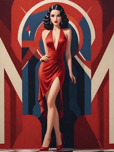 The image depicts a woman wearing a red dress with a deep V-neck and high slit, standing on a white platform adorned with blue and red geometric shapes. The background features a large archway painted in shades of red and white, which is the focal point of the composition.