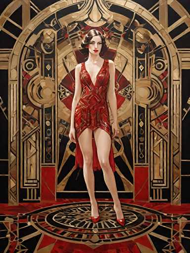 The image depicts a woman wearing a red dress with gold accents and a matching red headpiece standing on a circular platform adorned with gold designs. The background features a black and white patterned archway, adding an artistic touch to the scene.