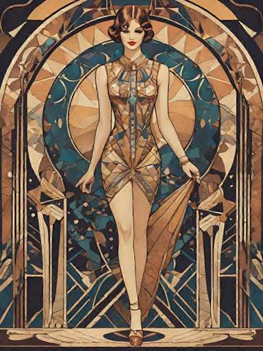 The image depicts a woman wearing an elegant dress with blue and gold colors, standing on a platform adorned with intricate geometric patterns. The background features a large archway with a circular window at the center, which is surrounded by smaller circles and lines.