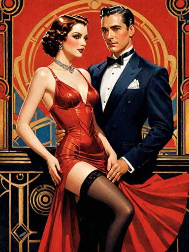 The image depicts a man and woman dressed in formal attire standing next to each other against an ornate backdrop featuring gold circles and lines. The man is wearing a suit with a tie, while the woman is wearing a red dress with black stockings. They are positioned on either side of a balcony railing adorned with gold circles and lines.