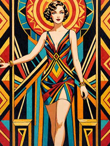 The image depicts an artist's interpretation of a woman wearing a colorful dress with geometric patterns and gold accents. The painting is done in the impressionist style, characterized by loose brushstrokes that emphasize color and light over detail.